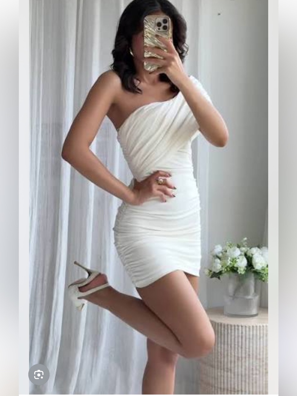 Zara Cream One-Shoulder Ruched Mini Dress
